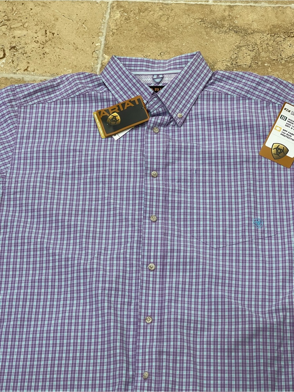 Ariat Pro Series Men's XL Purple Blue White Plaid SS Button-Down 2 Pockets NWT